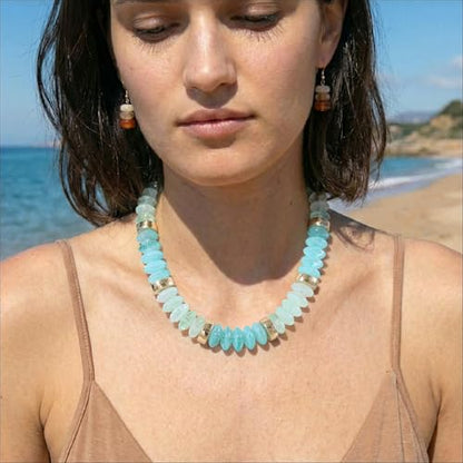 RISHEGAE Chunky Beaded Necklace for Women Boho Resin Beaded Choker Necklace Adjustable Surfer Beach Strand Necklaces Gold Handmade Acrylic Beads Jewelry Gift for Women - color: Style 1cyan