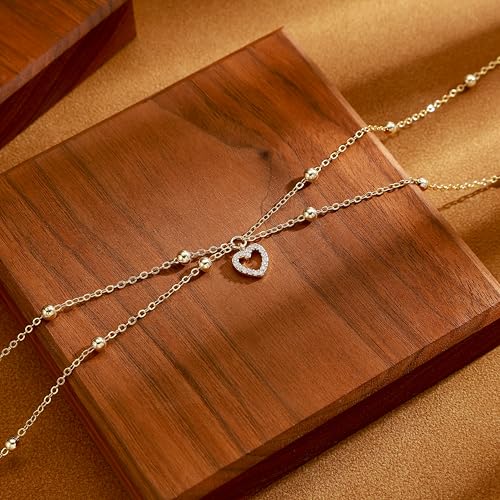 14K Gold Plated Layered Body Waist Chain for Women | Layered Waist Chain with CZ Heart and Pearl Pendant, Belly Chain Belt Jewelry for Women, Bikini Summer Beach Wear - style: Heart Waist Beads Chain
