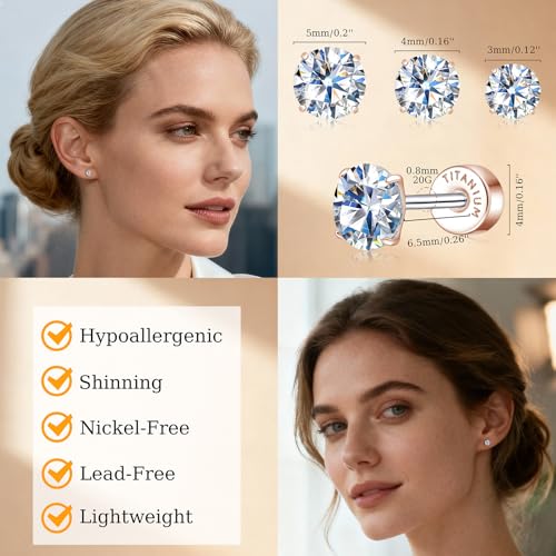 Limerencia Moissanite Stud Earrings, 3 Pairs Titanium Screw Back Earrings | D Color VVS1 Clarity Lab-created Moissanite Earrings, Hypoallergenic G23 Pure Titanium for Women Men Sensitive Ears - color: Rose Gold S