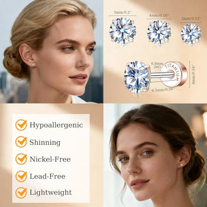 Limerencia Moissanite Stud Earrings, 3 Pairs Titanium Screw Back Earrings | D Color VVS1 Clarity Lab-created Moissanite Earrings, Hypoallergenic G23 Pure Titanium for Women Men Sensitive Ears - color: Rose Gold S