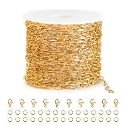 SMYHTGLIF 5 Meters Stainless Steel Paperclip Chain for Jewelry Making | Gold Cable DIY Craft Jewelry Making Chains Bulk with Lobster Clasps and Open Jump Rings - color: Gold, size: 2.5×5.3mm