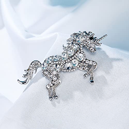 EVER FAITH Women's Austrian Crystal Running Unicorn Brooch - color: Clear Silver-Tone