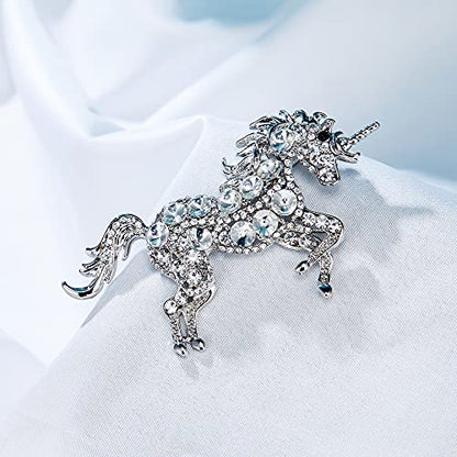 EVER FAITH Women's Austrian Crystal Running Unicorn Brooch - color: Clear Silver-Tone