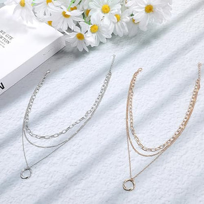 2 PCS Layered Necklaces for Women, Gold & Silver Multi Layered Necklaces with Pendant, Stacked Necklace Elegant Multilayer Adjustable Layering Chain