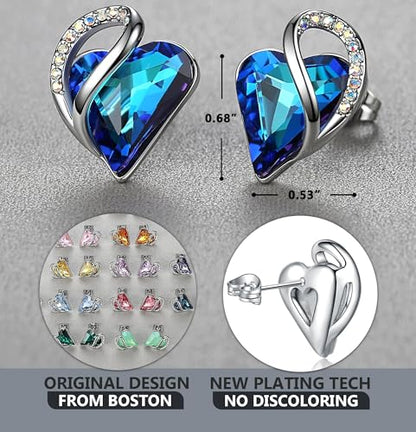 Infinity Love Heart Stud Earrings for Women, Birthstone and Healing Stone, Gifts for Mom, Wife, and Her, Silver Plated - color: 09c-September-Healing Stone for Health-Rainbow Blue