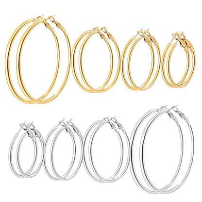 5/8 Pairs Gold Silver Hoop Earrings for Women Stainless Steel Jewelry Set | 30 40 50 60 70 mm, 14K Gold Plated Stainless Steel, Hypoallergenic, Lightweight, Thin, Small Medium Large Dangle - color: 8 Pair/Silver+Gold (30/40/50/60mm)