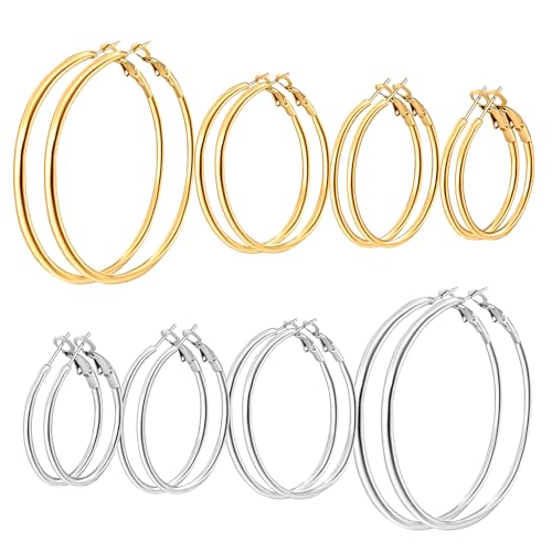 5/8 Pairs Gold Silver Hoop Earrings for Women Stainless Steel Jewelry Set | 30 40 50 60 70 mm, 14K Gold Plated Stainless Steel, Hypoallergenic, Lightweight, Thin, Small Medium Large Dangle - color: 8 Pair/Silver+Gold (30/40/50/60mm)