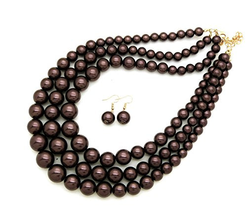 Fashion 21 Women's Faux Pearl Three Multi-Strand Statement Necklace and Earrings Set - color: Dark Brown