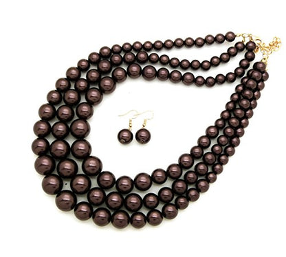 Fashion 21 Women's Faux Pearl Three Multi-Strand Statement Necklace and Earrings Set - color: Dark Brown