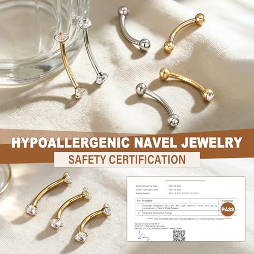 14G Surgical Steel Body Jewelry Belly Button Ring Gold Curved Navel Barbell | 14G Navel Rings Silver Snake Eyes Piercings for Tongue Conch Eyebrow Rings - color: Silver;BL:10mm