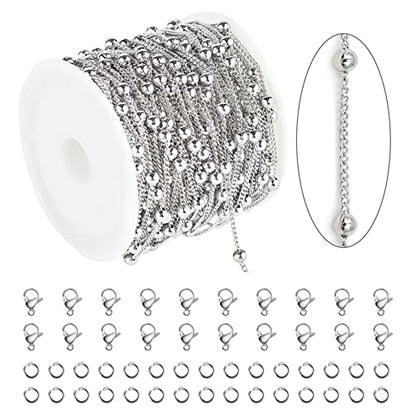 Silver Satellite Bead Chain 304 Stainless Steel Chain for Jewelry Making | 32.8 Feet/10M Women Necklace Chains Bulk Thin Curb Craft Chain DIY Jewelry Supplies - color: Bead Silver