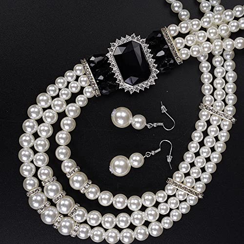 Aimimier 1920s 3-layered White Faux Pearl Necklace and Earrings Set with Crystal and Rhinestone Bridal Long Pearl Necklace Statement Women Jewelry - color: Black
