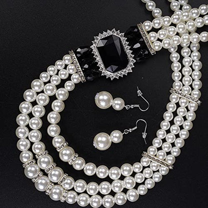 Aimimier 1920s 3-layered White Faux Pearl Necklace and Earrings Set with Crystal and Rhinestone Bridal Long Pearl Necklace Statement Women Jewelry - color: Black