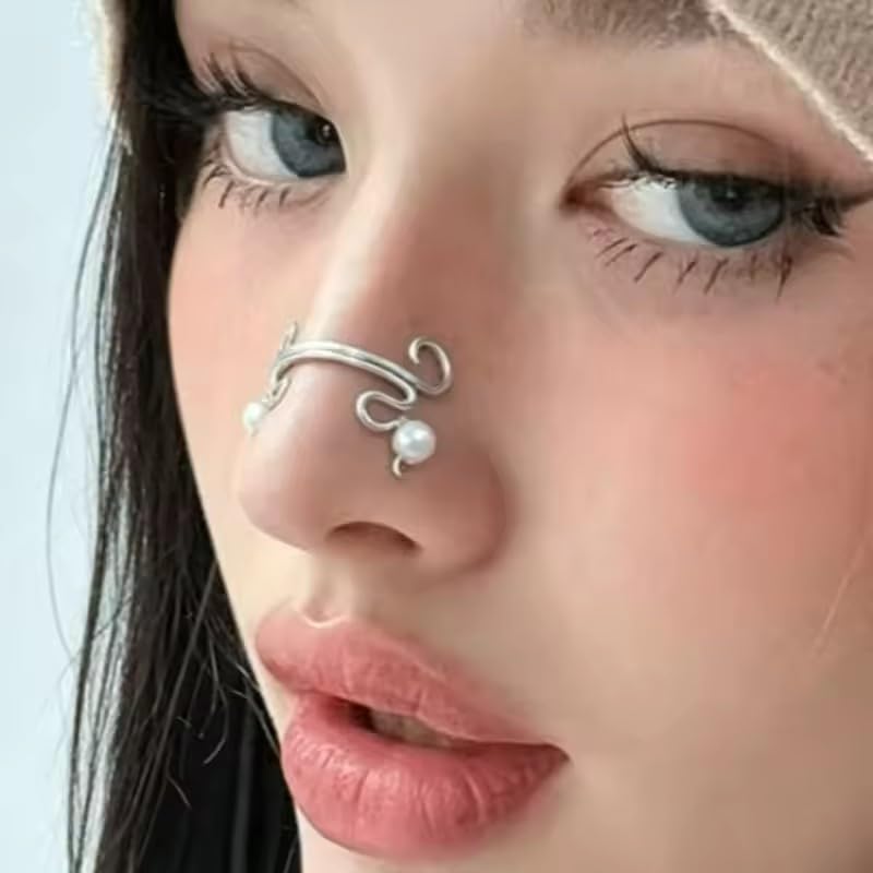 Punk Pearl Nose Clip No Piercing Faux Pearl Nose Ring Copper Adjustable Fashion Nose Jewelry Clip on Earrings