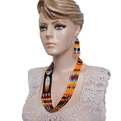 Handmade Beaded Indian Necklace,Inspired by Native American Style Long Necklace Earrings Set,One of a Kind beaded Necklace for Women,Perfect for Occasions, Gifts - color: Orange