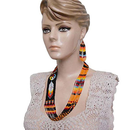Handmade Beaded Indian Necklace,Inspired by Native American Style Long Necklace Earrings Set,One of a Kind beaded Necklace for Women,Perfect for Occasions, Gifts - color: Orange