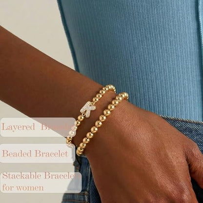 Initial Stack Bracelet Set for Women Trendy 14K Gold Plated Beaded Stackable Stacking Stretch Name Bracelets Dainty Friendship Waterproof Charm Cute Birthday Jewelry Gifts for Women - color: Initial K
