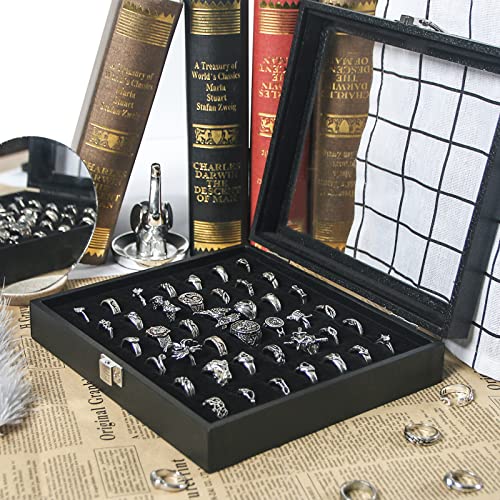 Pangkeep Ring Organizer Display Case,Black Jewelry Storage Tray Boxes for Multiple Rings,Glass Lid,Stackable. (42 Slots) - size: 42 Slots