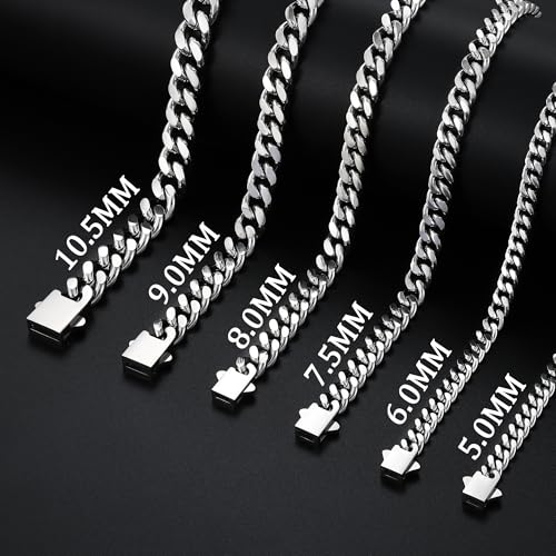 Fiusem Silver Tone/Black/14K Gold Plated Chain Necklace for Men, 5mm/6mm/7.5mm/8mm/9mm Stainless Steel Cuban Link Chain Necklace, Men's Chains 18-28 Inch Jewelry Gifts - size: 28", style: 5mm silver