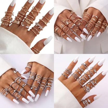 42-Piece Gold Tone Stackable Ring Set for Women, Boho Minimalist Stacking Rings with Crystal & Heart Accents, Adjustable Open Band Jewelry for Daily Wear - style: ZH00098