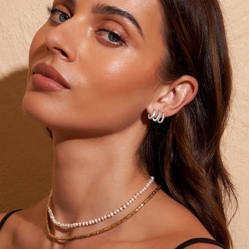 micuco 3 Pairs Small Gold Hoop Huggie Earrings Set for Women Men Tendy | 14K Gold Plated Small Huggie Hoop Earrings for Men, Tiny Cartilage Hypoallergenic Earring Set - style: P# 3 Pairs Silver 8-8-8mm