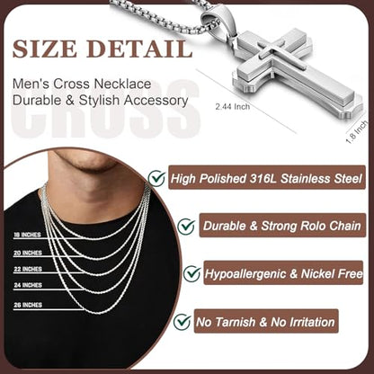 Men's Cross Necklace 316L Stainless Steel Large Heavy Cross Pendant for Men Polished Jewelry Rolo Chain with 22'' 24'' 26'' - color: A-white, size: 26 inch