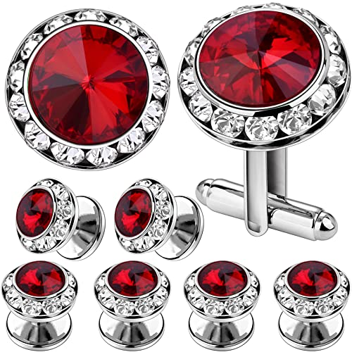 AMITER Crystal Cufflinks and Tuxedo Studs for Men, Cuff Links Suits for Shirt Formal Dress Business Wedding Anniversary - color: Red