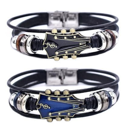 Angyape Retro Faux Leather Guitar Bracelet, Zinc Alloy Rock Music Guitar Leather Bracelet Punk Handmade Braided Multi-Layer Wrap Guitar Shape Decorative Cuff Bracelet Musical Enthusiast Gift - color: Black&Blue