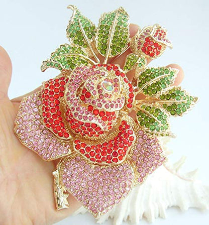 Gorgeous Wedding 5.32" Big Rose Flower Brooch Pin Austrian Crystal Pendant BZ2994 - color: Golden Red and Pink
