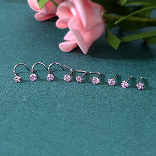 ZS 20G Nose Stud Rings Set, Stainless Steel CZ Nose Piercing Jewelry | Hypoallergenic Nose Bone Rings, L Shaped & Screw Nose Studs, 3mm CZ Stone Nostril Jewelry for Women Men - color: 9pcs Mixed style(Pink)