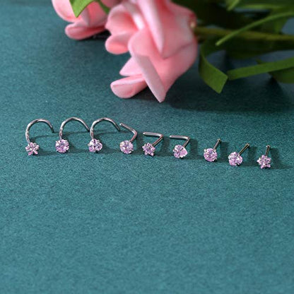 ZS 20G Nose Stud Rings Set, Stainless Steel CZ Nose Piercing Jewelry | Hypoallergenic Nose Bone Rings, L Shaped & Screw Nose Studs, 3mm CZ Stone Nostril Jewelry for Women Men - color: 9pcs Mixed style(Pink)