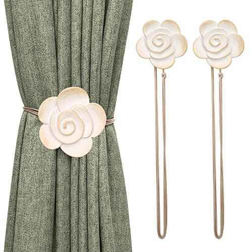 Lewondr Magnetic Curtain Tiebacks, Flower Vintage Curtain Holdbacks, Beige | 1 Pair, Resin Curtain Ties with Rope Drapery Retro Window Curtain Decorative Buckle Holder for Outdoor, Home, Cafe Balcony - color: Beige Camellia, size: 2 Pieces