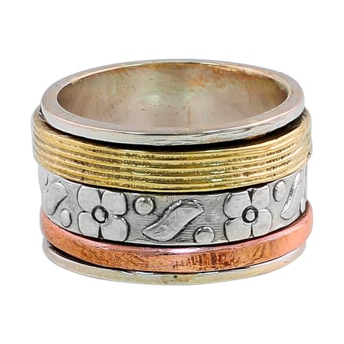 NOVICA Artisan Handmade .925 Sterling Silver Meditation Spinner Ring Copper Brass Indian Floral 'Floral Sheen'