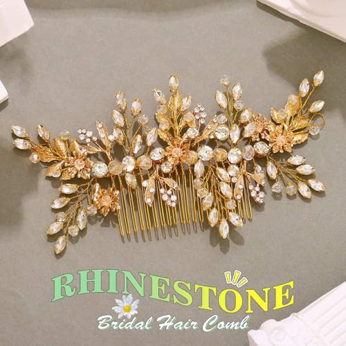 Rhinestone Wedding Hair Comb Gold Floral Bridal Hair Piece Crystal Hair Accessories for Women (Gold) - color: Gold