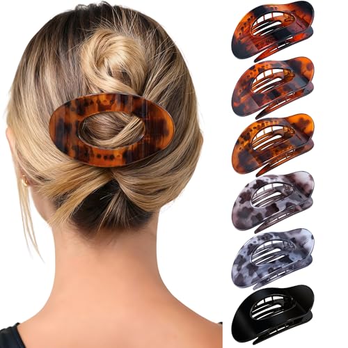 Mesovor 6 Pack Flat Hair Claw Clips, 4.33" Nonslip Round Lay Hair Clips | Strong Hold French Large Flat Hairclips for Lying Down, Yoga, Driving (Tortoise Polished) - color: Tortoise Polished