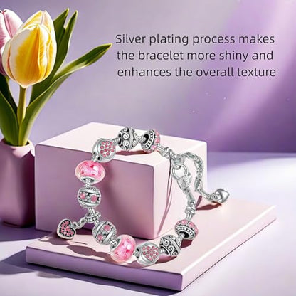 Pink Hearts Silver Plated Charm Bracelet, DIY Jewelry for Women with Beads, Charms, and Adjustable Snake Chain, Fits 7.5"+1.5" - color: Pink, size: 18cm