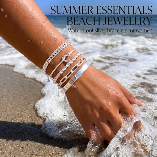 Gokeey Sterling Silver Cuff Bangle Bracelet Set for Women Waterproof, Non Tarnish S925 Silver Chunky Cuban Link Chain Heart Love Infinity Tie Knot Paperclip Beaded Twist Rope Silver Bracelets Fashion Jewelry Gifts Set - color: Silver-Stackable Bangles set