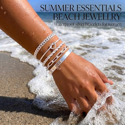 Gokeey Sterling Silver Cuff Bangle Bracelet Set for Women Waterproof, Non Tarnish S925 Silver Chunky Cuban Link Chain Heart Love Infinity Tie Knot Paperclip Beaded Twist Rope Silver Bracelets Fashion Jewelry Gifts Set - color: Silver-Stackable Bangles set