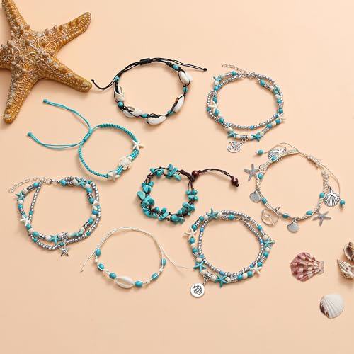 12Pcs Shell Turtle Ankle Bracelets Handmade Seashell Bead Starfish Cowrie Dolphin Adjustable Layered Anklets for Women Boho Hawaii Summer Beach Foot Jewelry - style: B: Shell