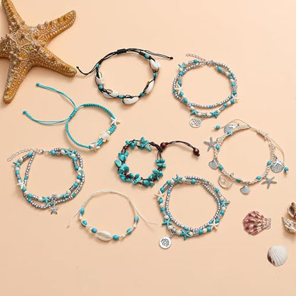 12Pcs Shell Turtle Ankle Bracelets Handmade Seashell Bead Starfish Cowrie Dolphin Adjustable Layered Anklets for Women Boho Hawaii Summer Beach Foot Jewelry - style: B: Shell