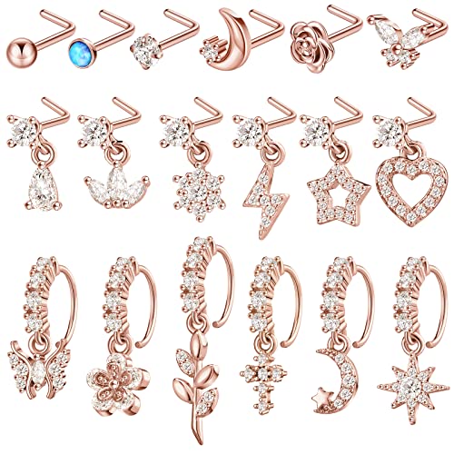 18 Pcs Dangle Nose Ring L Shaped Dangling Nose Stud Nose Ring Hoop Indian Nose Piercing Jewelry with Charm - color: Rose Gold