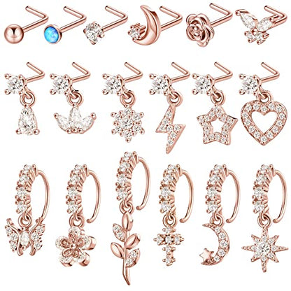 18 Pcs Dangle Nose Ring L Shaped Dangling Nose Stud Nose Ring Hoop Indian Nose Piercing Jewelry with Charm - color: Rose Gold