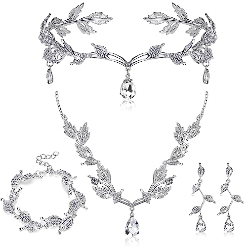 Wedding Jewelry Set for Women, Rhinestone Leaf Tiara Headband Crown Necklace Earrings Bracelet for Women - color: Silver