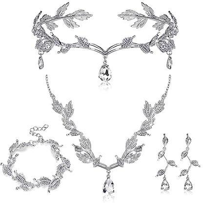 Wedding Jewelry Set for Women, Rhinestone Leaf Tiara Headband Crown Necklace Earrings Bracelet for Women - color: Silver
