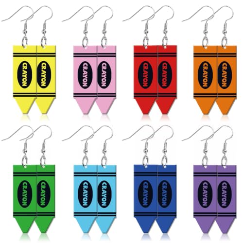 8 Pairs Crayon Earrings for Women Back to School Dangle Earring | Lightweight Hypoallergenic Acrylic, Back to School for Teachers, Teacher Appreciation Gifts, Crayon Dangle Jewelry for Women - style: Crayon