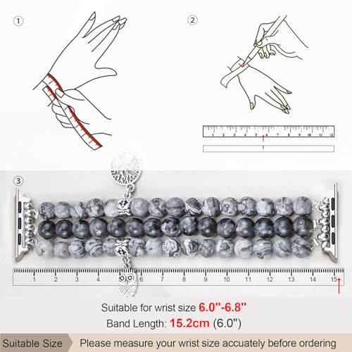 Newlibery Natural Stone Bracelet Beaded-Bands Women Compatible with Apple Watch 38mm 40mm 41mm 42mm (S10/11) Feminine Cute Handmade Stretch Strap for iWatch Series 11/10/9/8/7/6/5/4/3/2/1 SE 3/2/1 - color: A8 Grey Map, size: 38/40/41/42mm(s10/11)