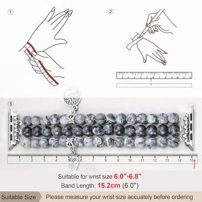 Newlibery Natural Stone Bracelet Beaded-Band Women Compatible with Apple Watch 42mm(S3/2/1) 44/45/46/49mm Feminine Handmade Stretch Strap for iWatch Series 11/10/9/8/7/6/5/4/3/2/1 SE 3/2/1 Ultra1/2/3 - color: A8 Grey Map, size: 46(s10/11)/49/45/44/42mm(s1