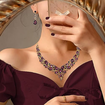 Women's Wedding Statement Necklace Dangle Earring Jewelry | Austrian Crystal Teardrop Cluster,Necklaces Earrings Set for Bride Bridesmaid,Prom Accessories - color: 06-Deep Amethyst Color Gold-Plated-Base
