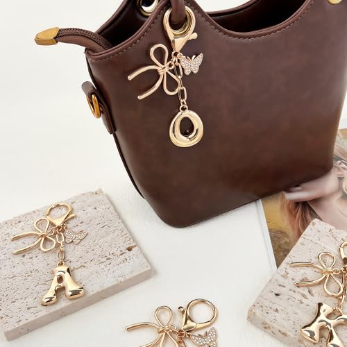 Gold Bubble Heart, Cherry, Bow & More Designs Letter Initial Keychain Bag Charms – Cute Purse Charms for Handbags - color: Bow & Butterfly, style: O