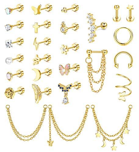 Besteel 27Pcs Flat Back Earrings Hypoallergenic Surgical Steel Stud Earring Stacks Set Dainty Chain Dangle Cartilage Tragus Daith Helix Piercing Jewelry for Women Men Trendy 16G - color: Gold
